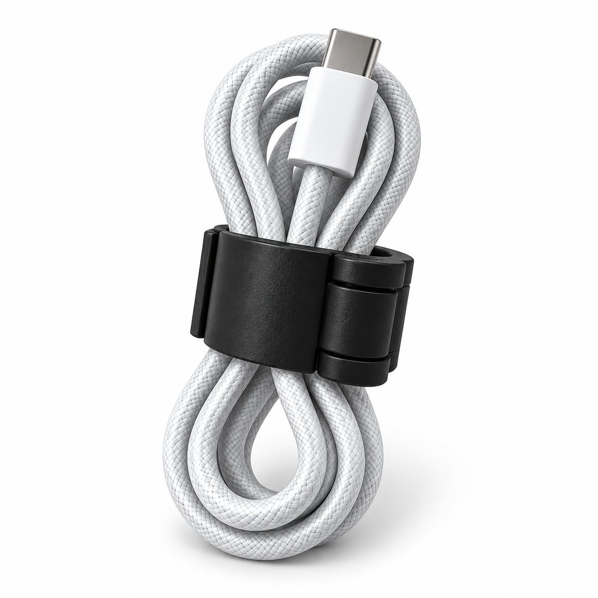 Black cable organizer holding a braided charging cable