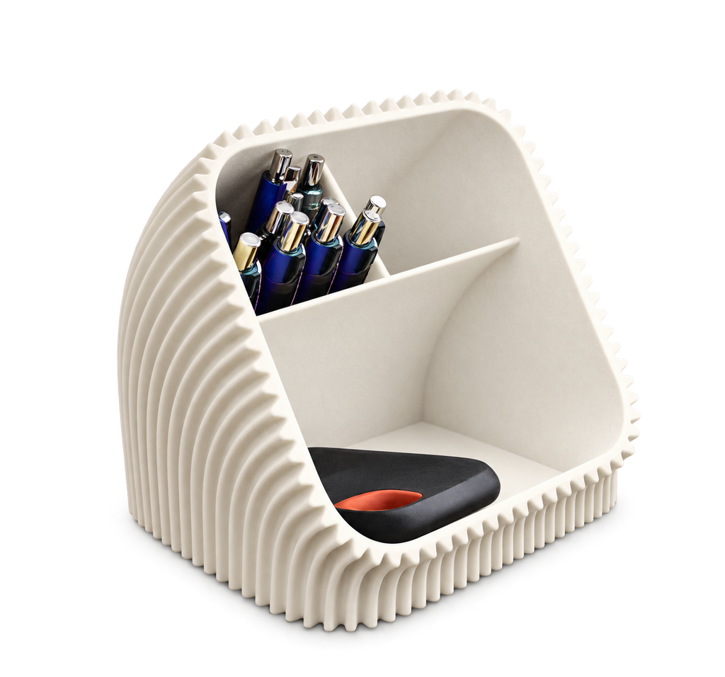 White Burrow Desk Organizer with pens, edited from customer reference