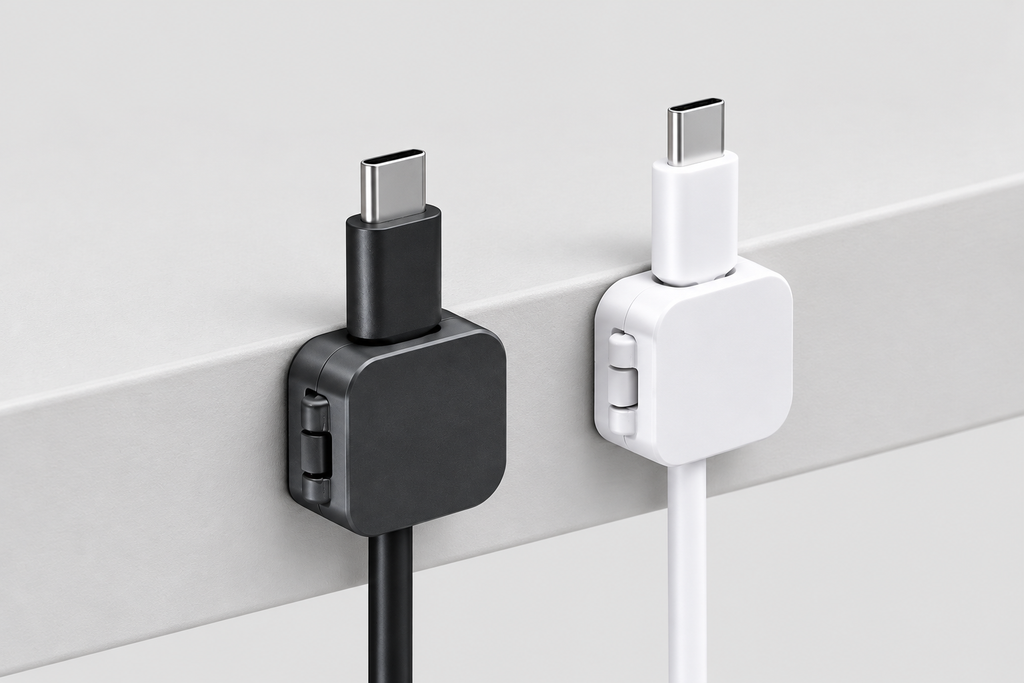 Black and white Cable Holders installed along a light gray desk edge