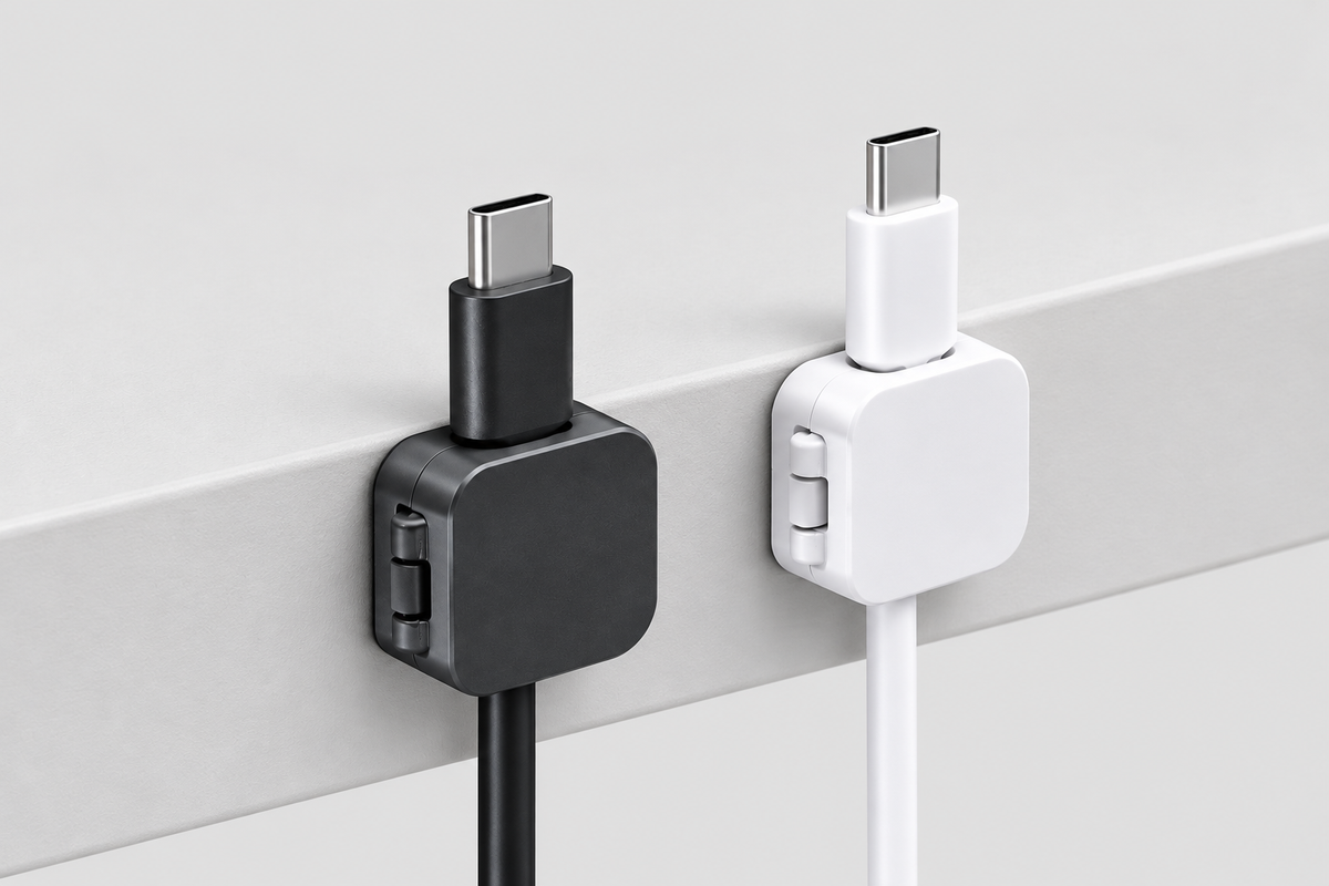 Black and white Cable Holders installed along a light gray desk edge