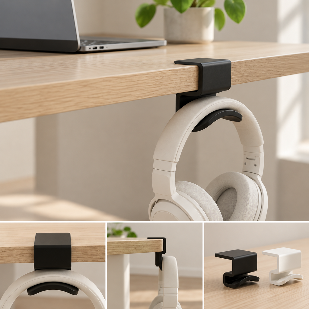 Clamp-on headphone holder in use under a desk