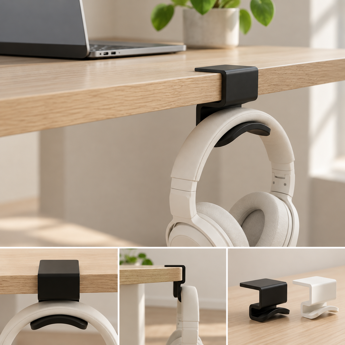 Clamp-on headphone holder in use under a desk