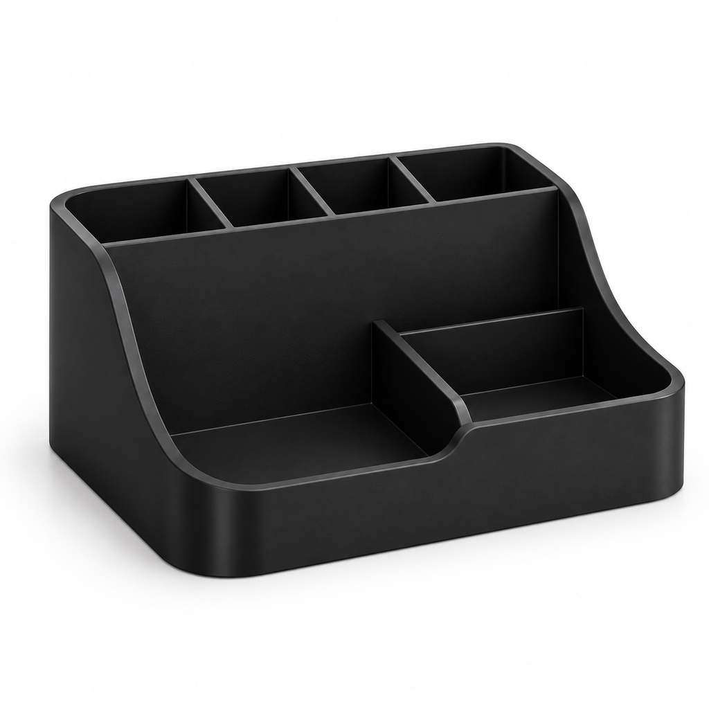 Black desk organizer with pen holder and tray