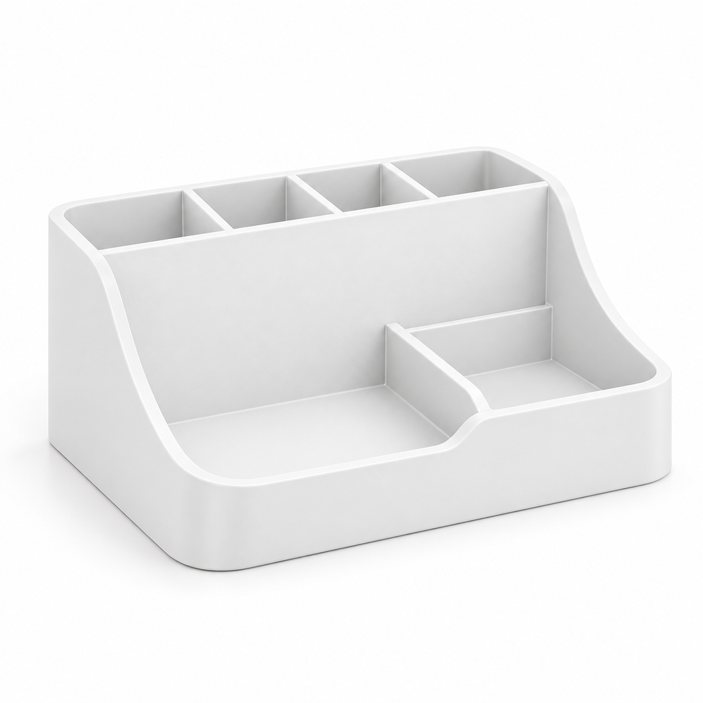 White desk organizer with pen holder and tray