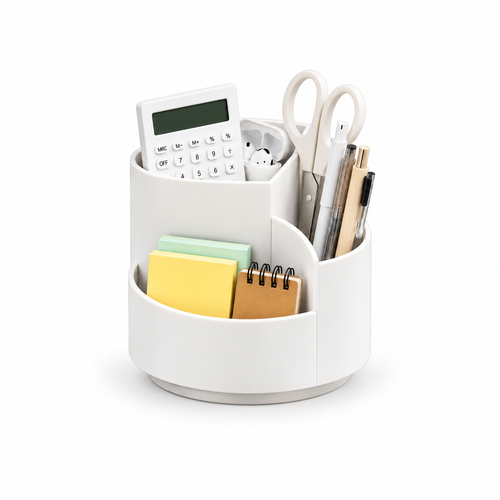 White 360° rotating desk organizer, fully visible on white background