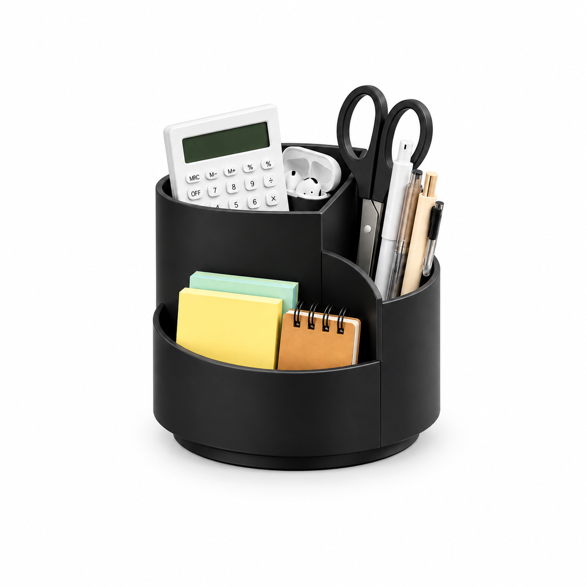 Black 360° rotating desk organizer, fully visible on white background