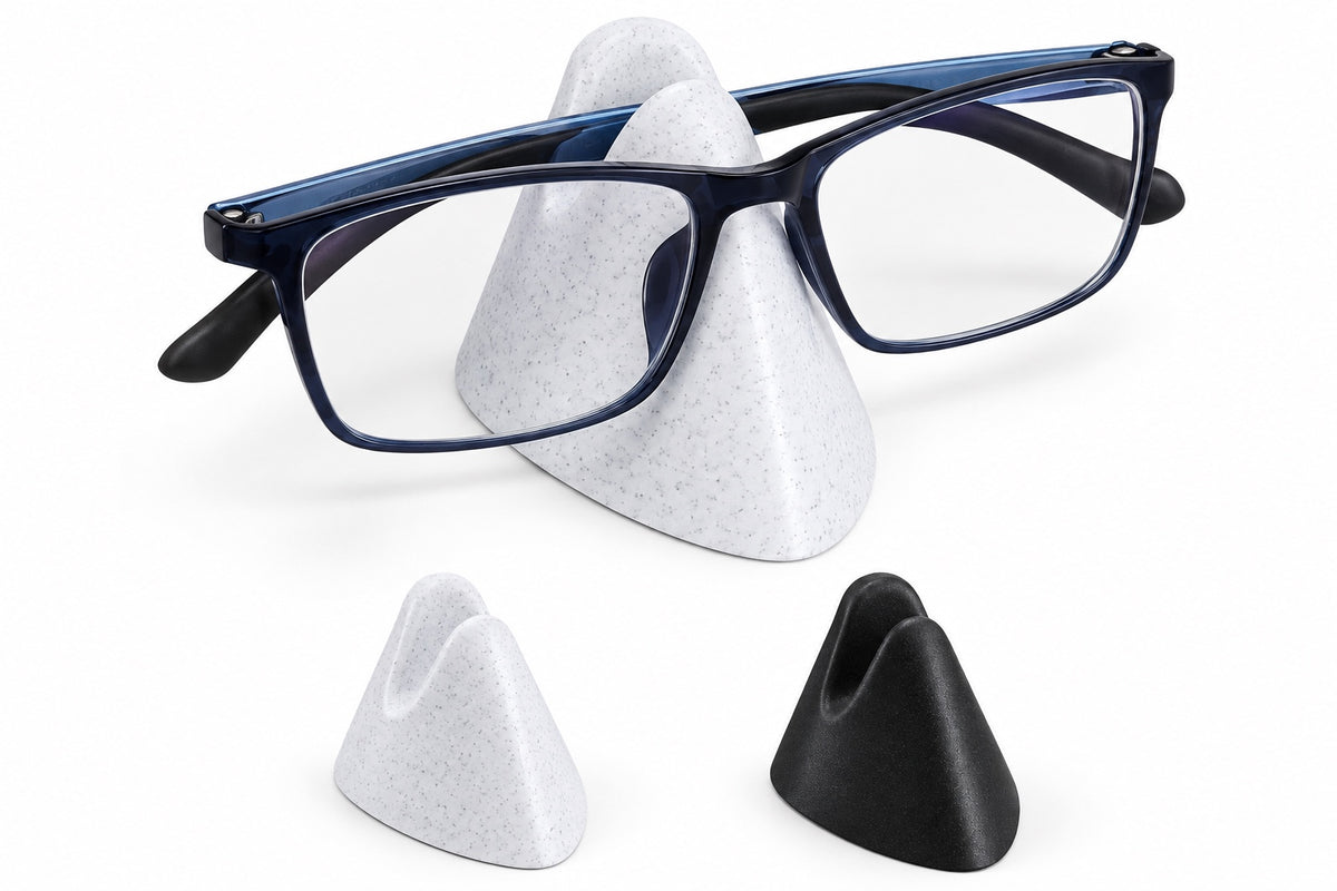 Glasses stand in use, with black and white color options