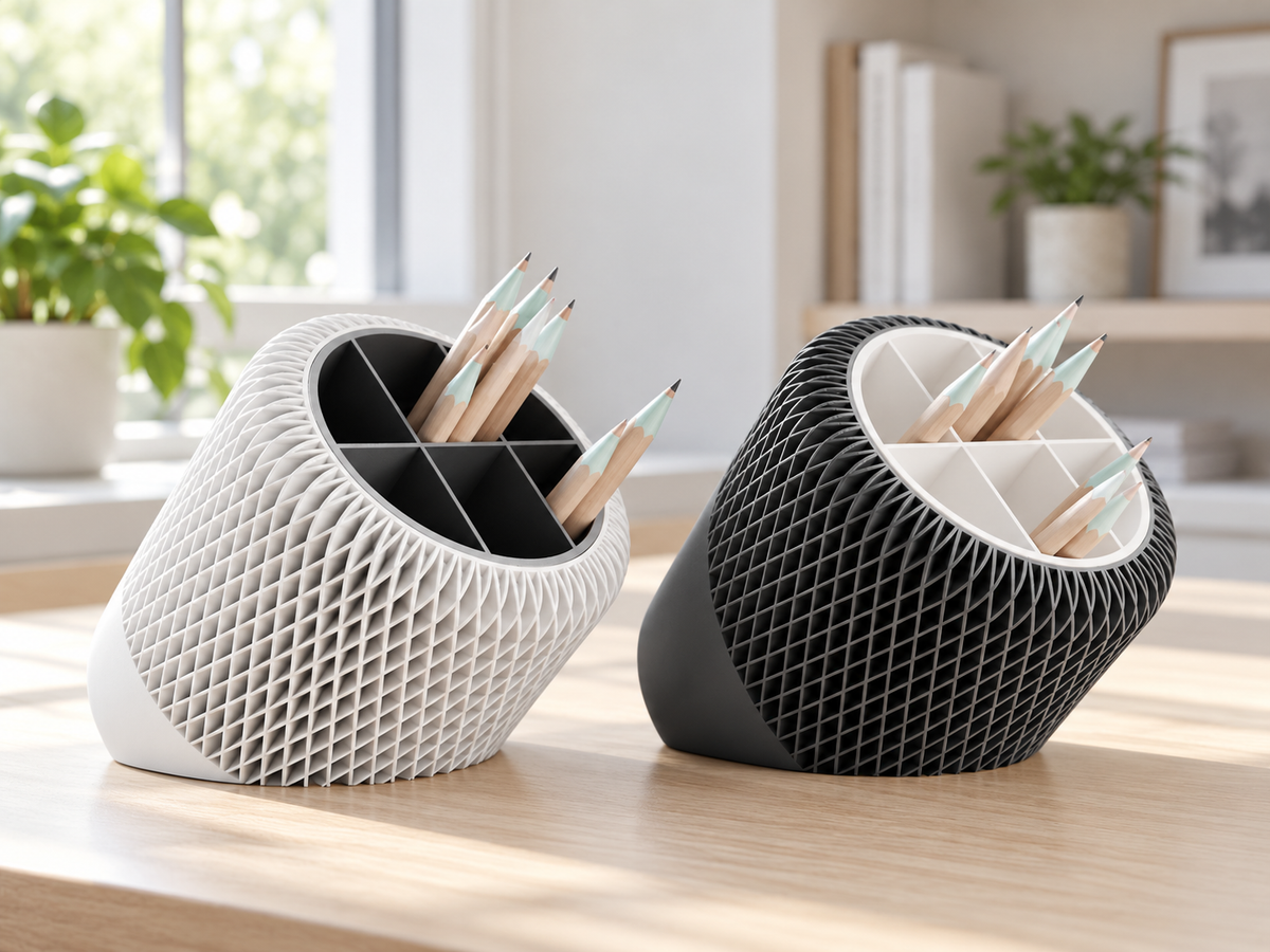 Black and white mesh desk organizers holding pencils on a bright home office desk