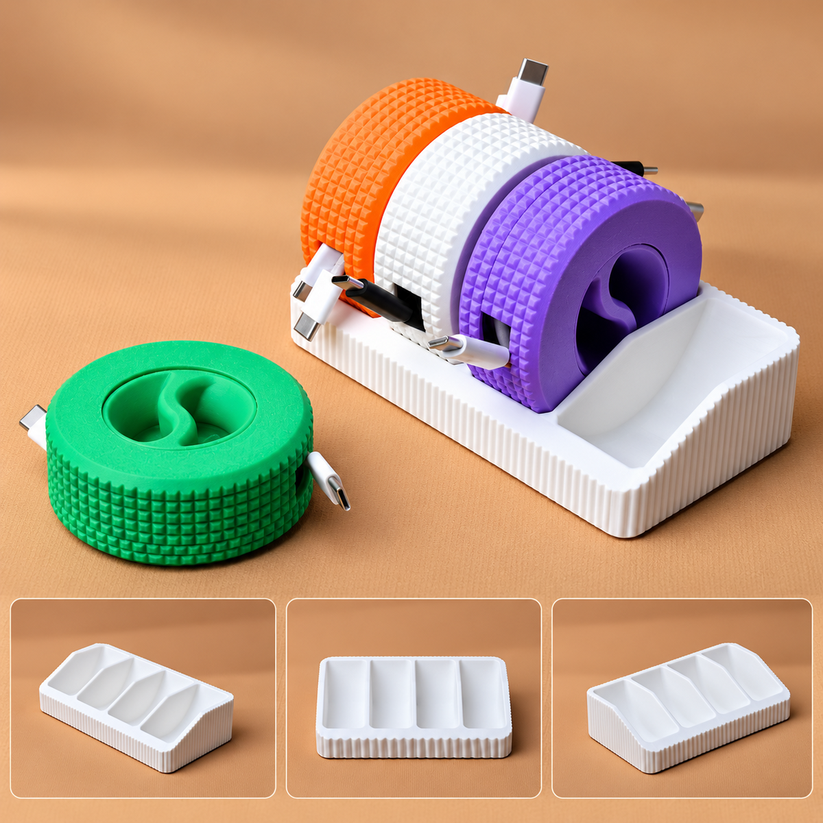 Base shown with cable rolls for demonstration; rolls and cables not included