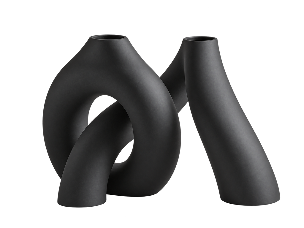 Black sculptural arch and tapered vases on a transparent background
