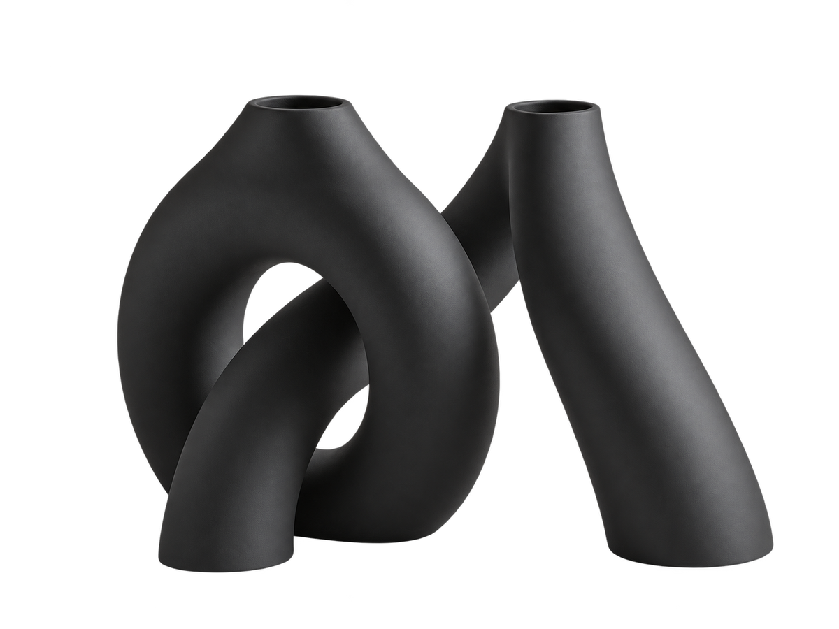 Black sculptural arch and tapered vases on a transparent background