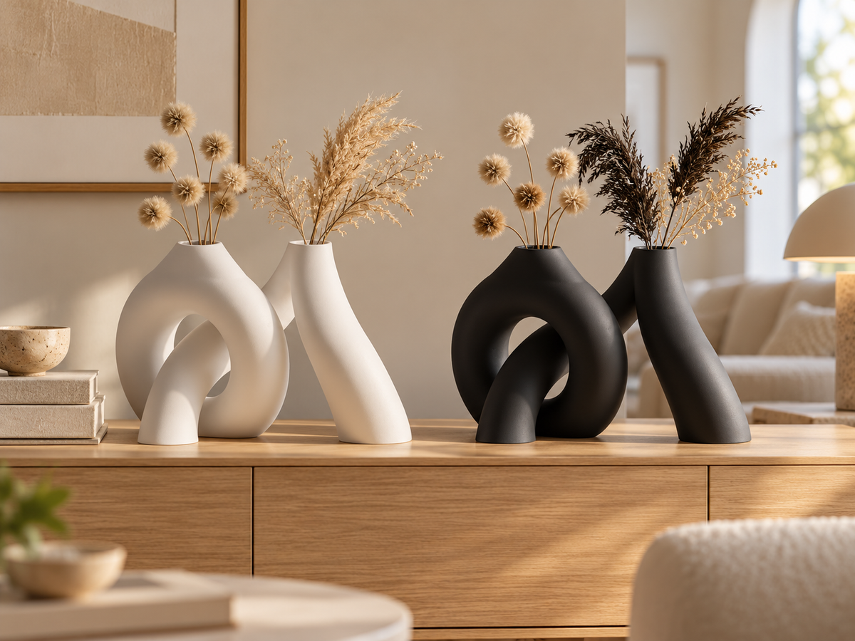 Black and white sculptural arch vase pairs styled on a console