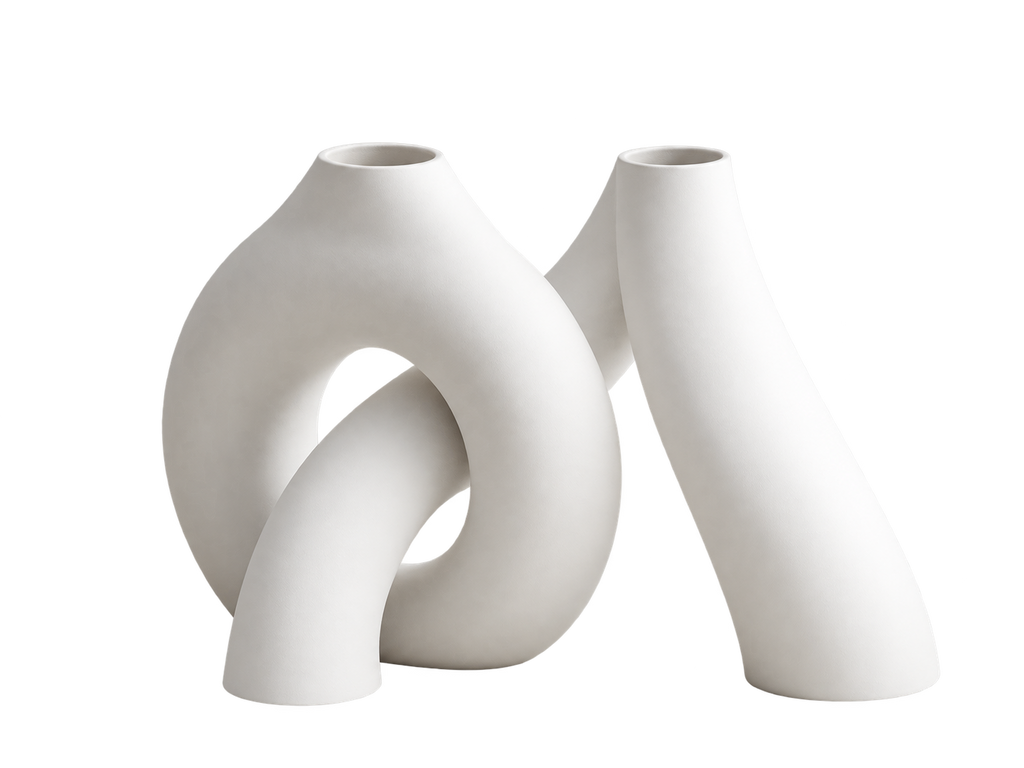 White sculptural arch vase pair, transparent background