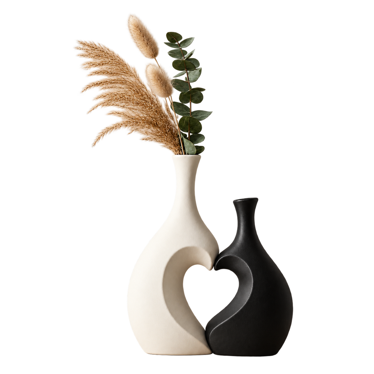 Vase Design black and white heart vases with greenery on transparent background