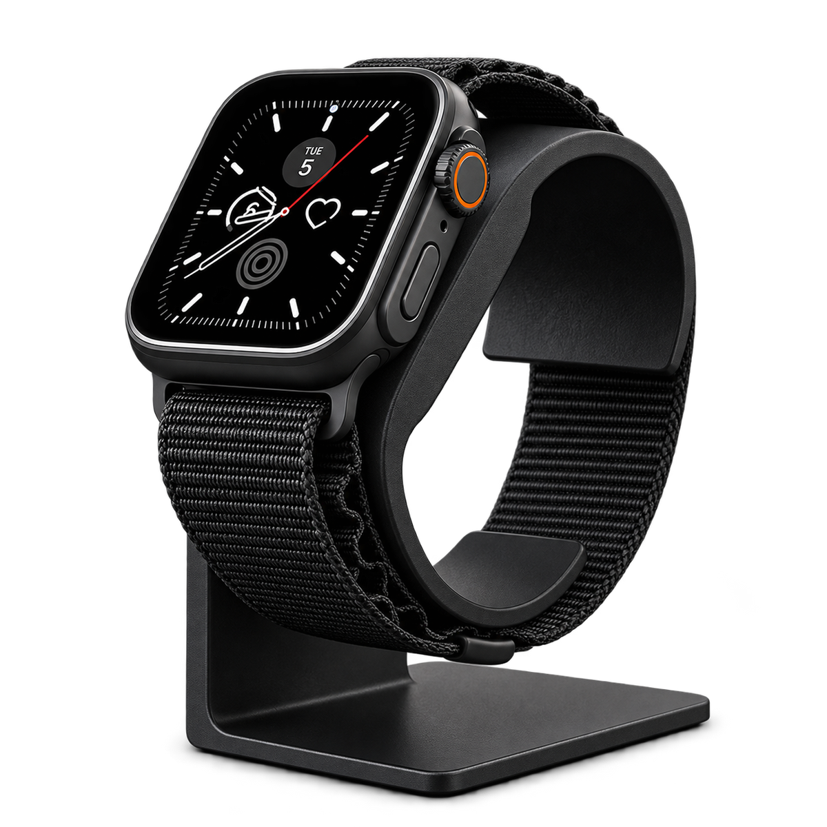 Black Apple Watch charging stand with watch, transparent background