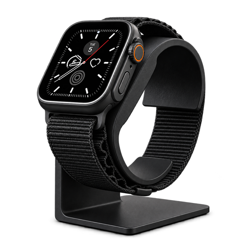 Black Apple Watch charging stand with watch, transparent background