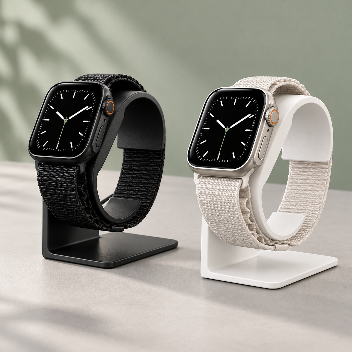 Black and white Apple Watch charging stands on a sage gray desk