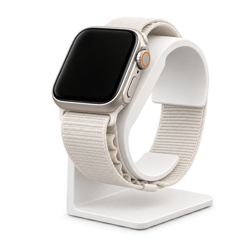 White Apple Watch charging stand with watch, transparent background