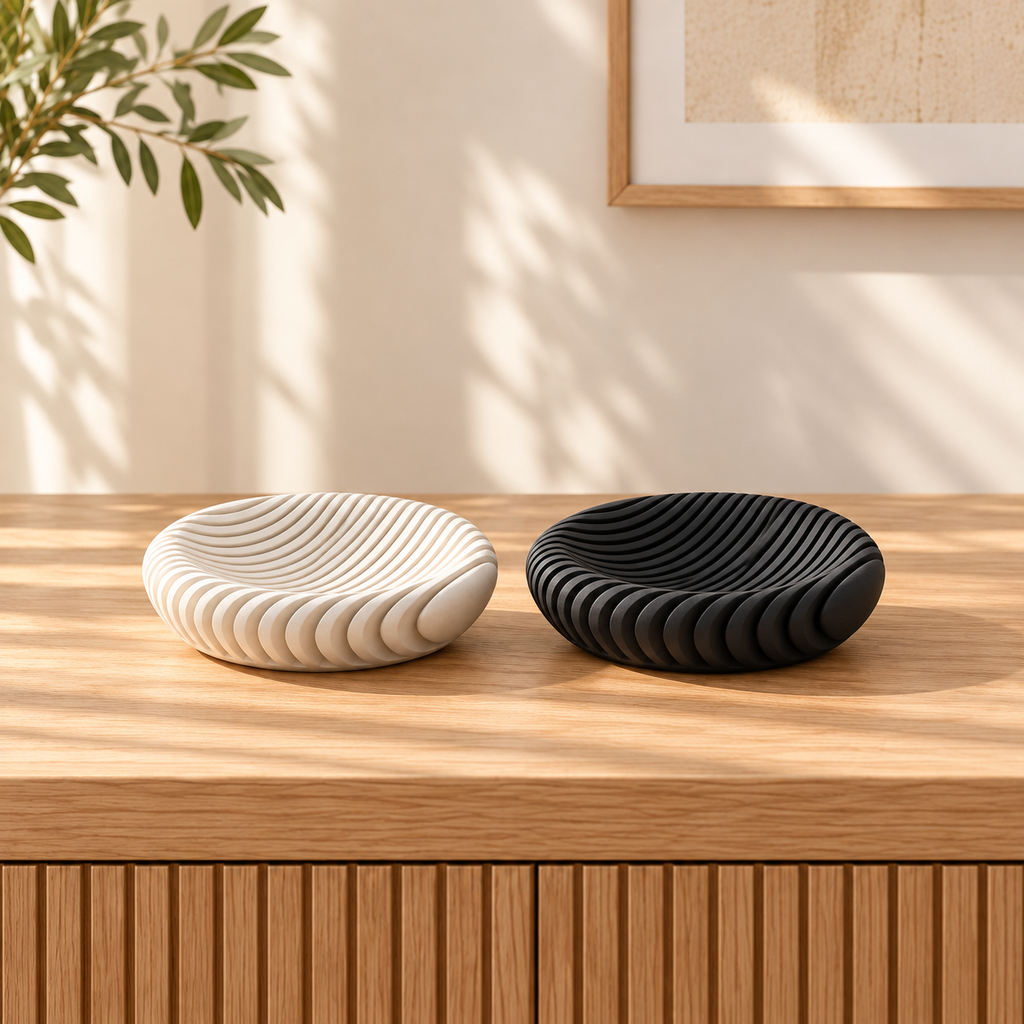 Wave-ribbed bowl pair centered in a neutral lifestyle scene