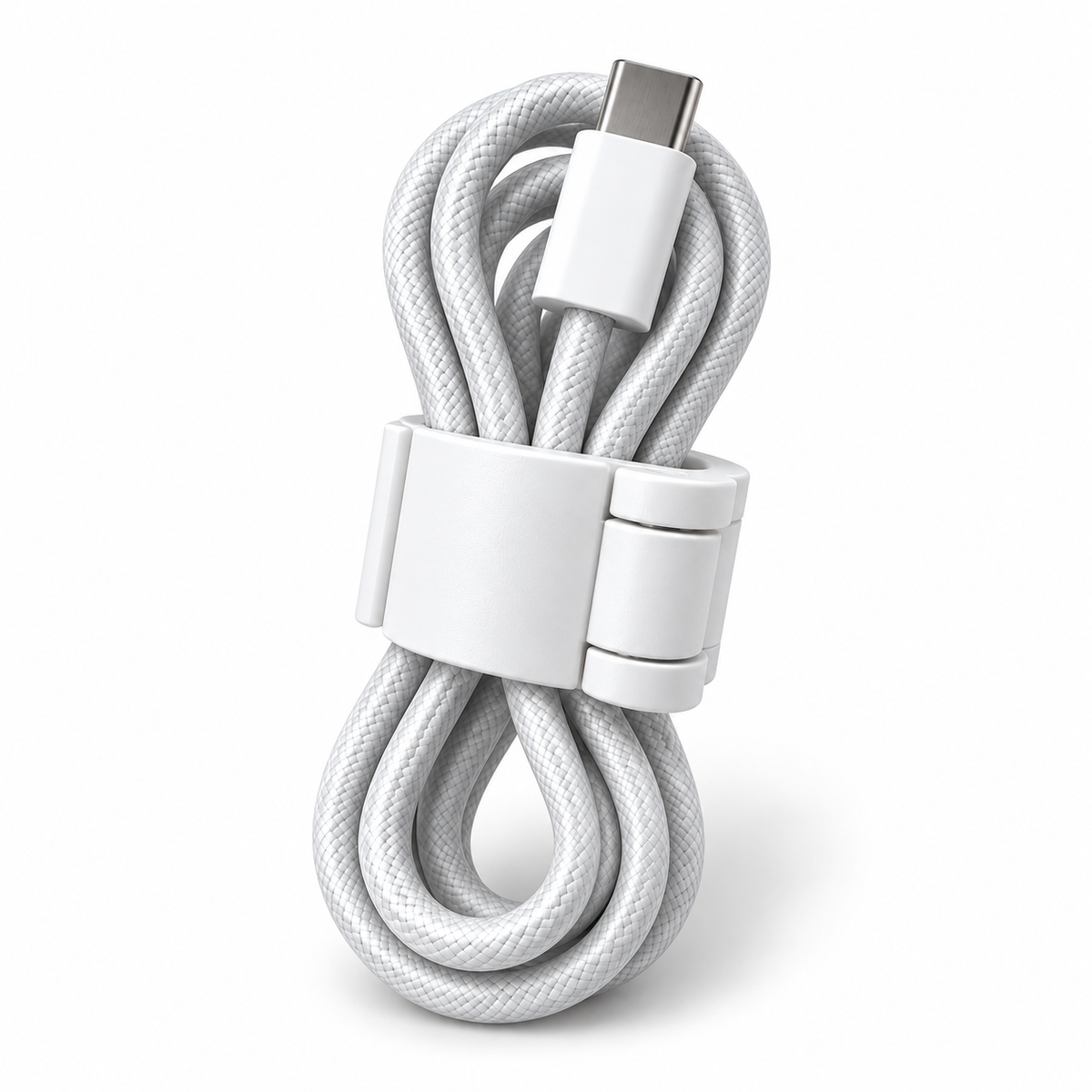 White cable organizer holding a braided charging cable
