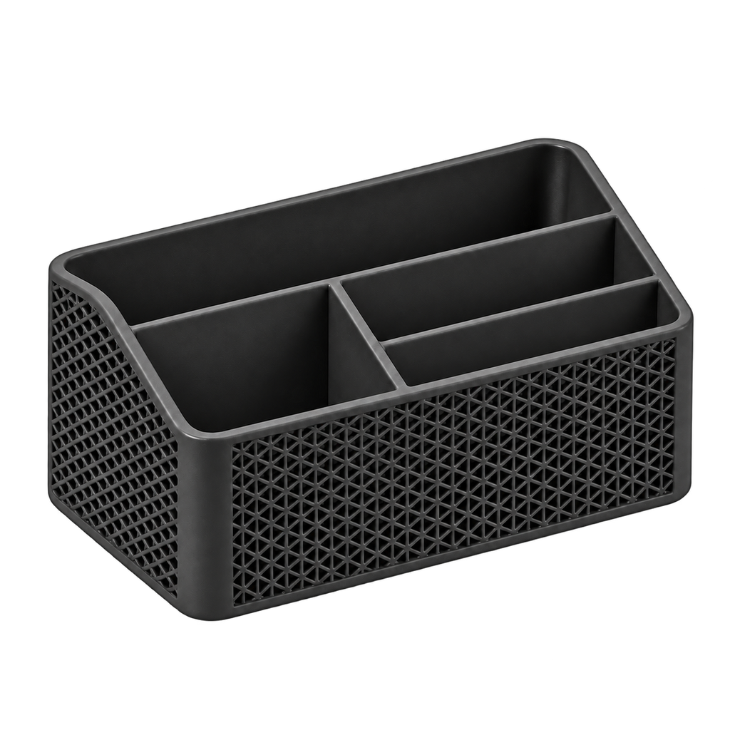 Black woven remote control organizer on a transparent background