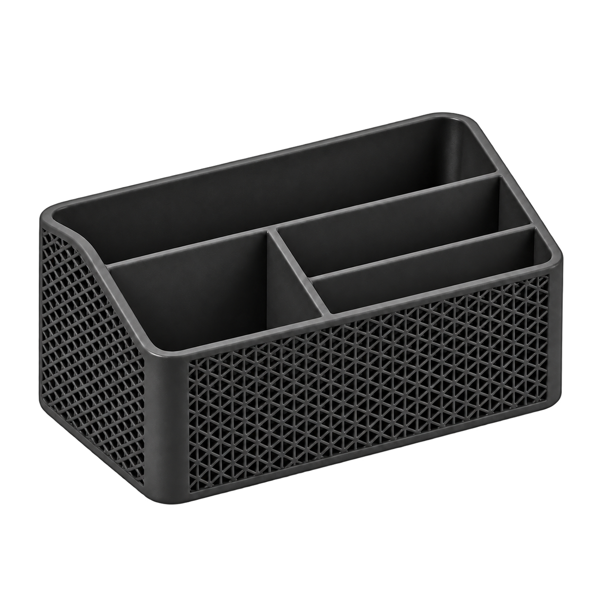 Black woven remote control organizer on a transparent background