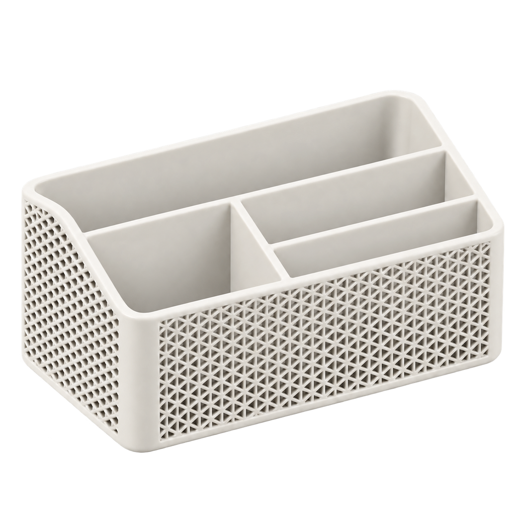 White woven remote control organizer on a transparent background